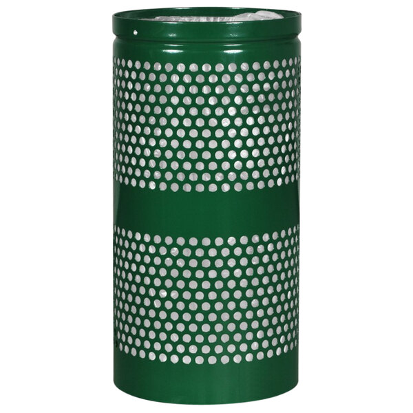An Ex-Cell Kaiser round hunter green trash receptacle with perforations.