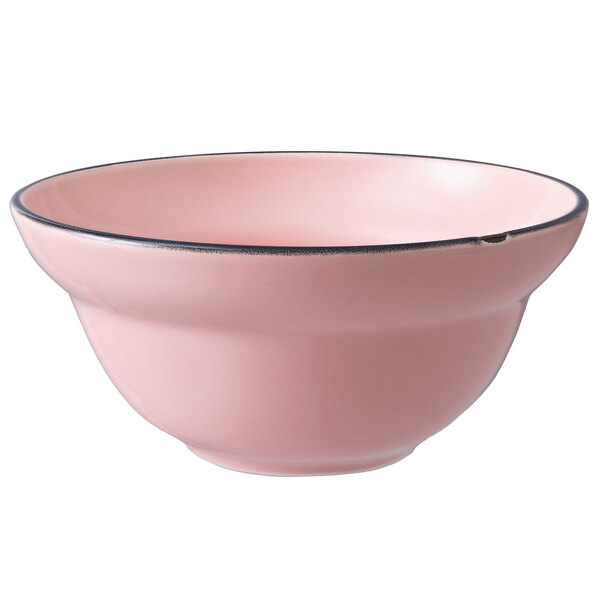 A Luzerne pink porcelain soup bowl with a black rim.