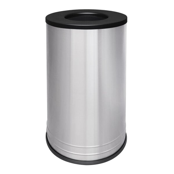 A close-up of a silver Ex-Cell Kaiser International Collection waste receptacle with black trim.