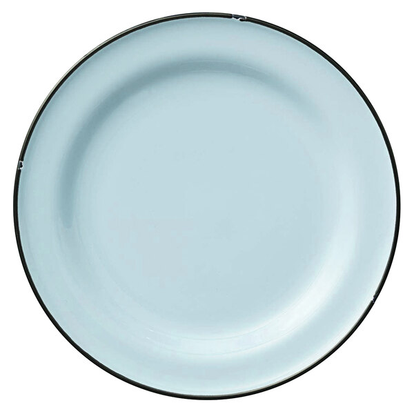 A white porcelain plate with a black rim.