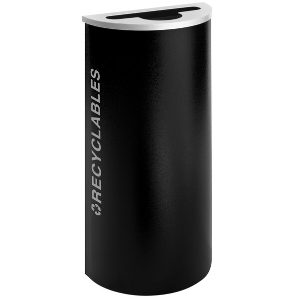 A black recyclable half round receptacle with a black and white lid.
