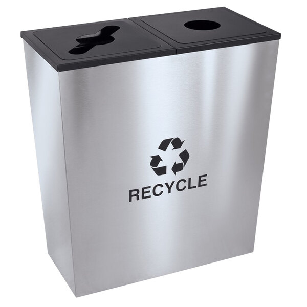 A silver stainless steel rectangular recycling bin with black and silver recycle signs.
