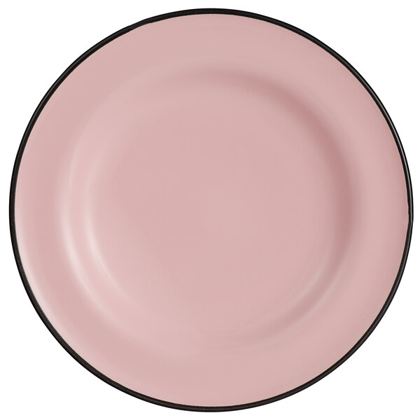 A close-up of a pink Luzerne Tin Tin porcelain plate with a black rim.