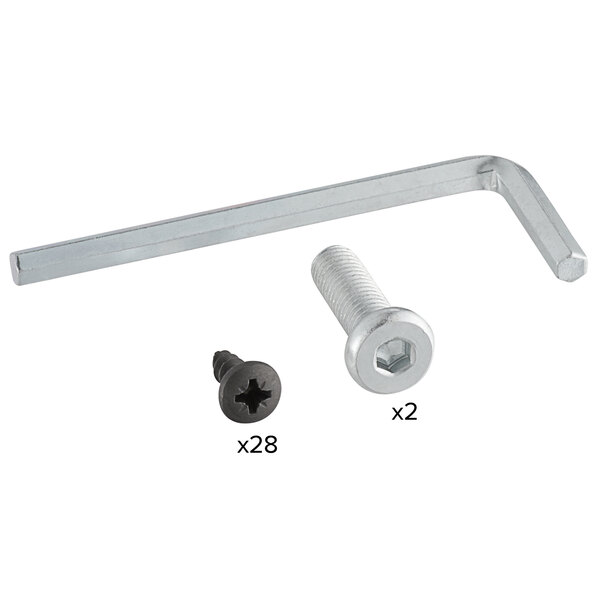 A Lancaster Table & Seating hardware kit with a screw and bolt, a hex key, and a screwdriver.