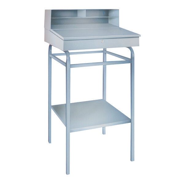 A white metal stationary receiving desk with a white top and shelf.