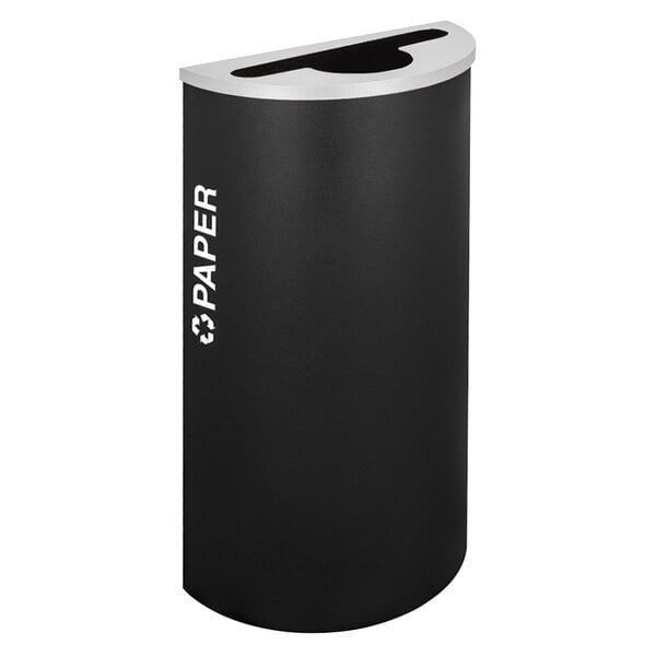 A black half-round recycling bin with white text that says "Paper" on it.