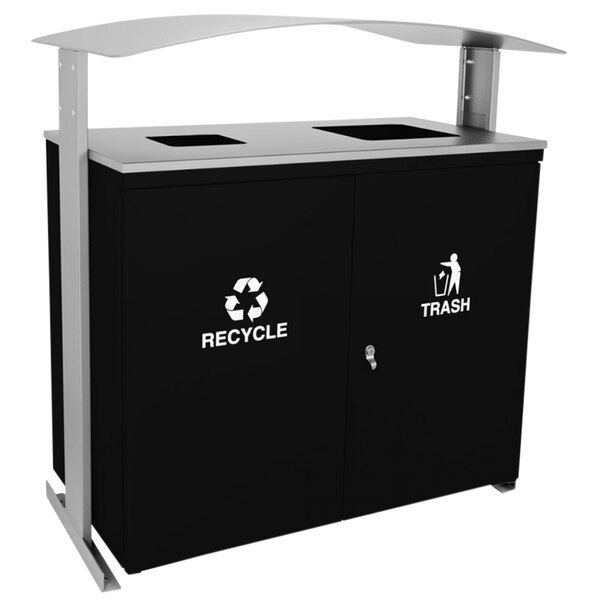 A black Ex-Cell Kaiser Ellipse rectangular two-stream trash receptacle with canopy.