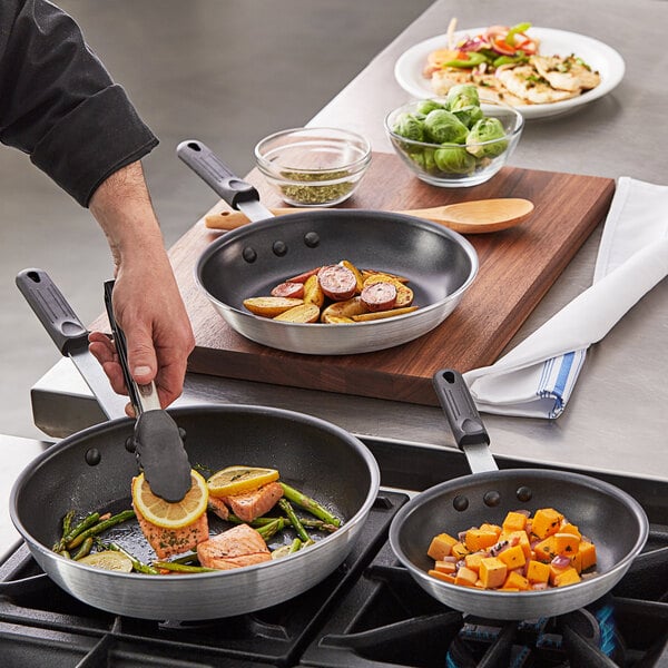 Choice 3-Piece Aluminum Non-Stick Fry Pan Set with Black Silicone Handles - 8", 10", and 12" Frying Pans