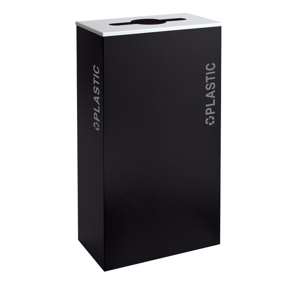 A black rectangular plastic receptacle with a white border and white text on it.