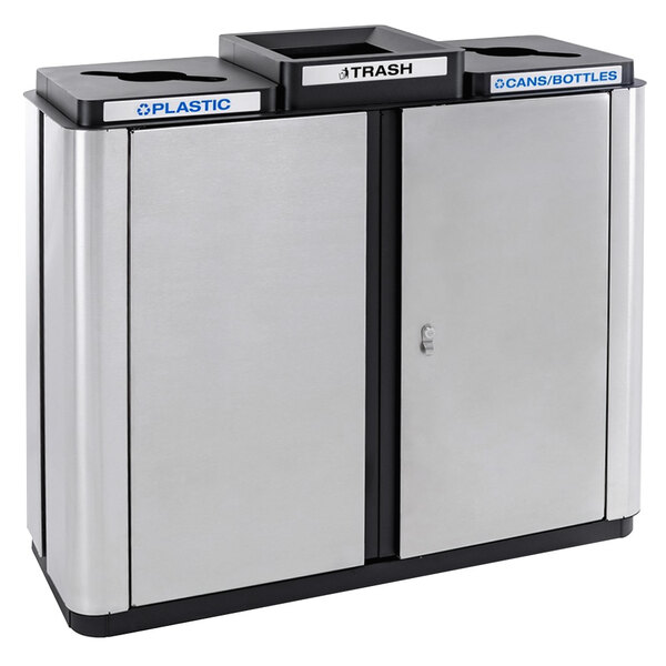A silver rectangular Ex-Cell Kaiser Echelon recycling receptacle with 2 black openings and 1 black lid.