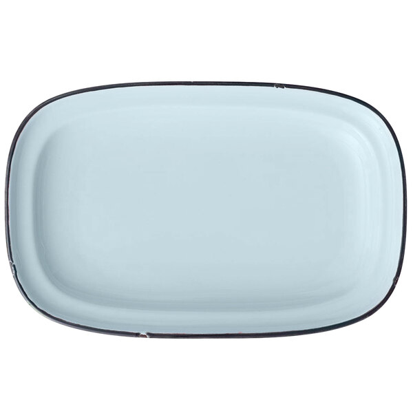 A light blue rectangular porcelain platter with black trim.