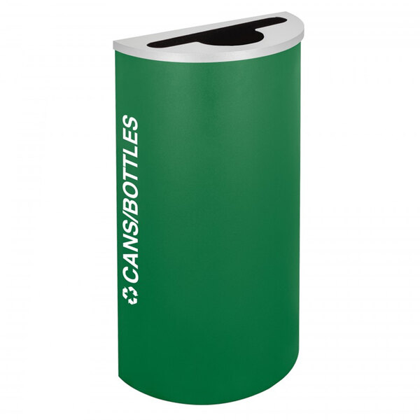A green Ex-Cell Kaiser Kaleidoscope recycling bin with white text that says "Cans / Bottles"