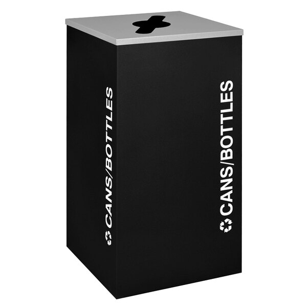 A black square receptacle with white text that reads "cambottles" and "recycle" in silver.