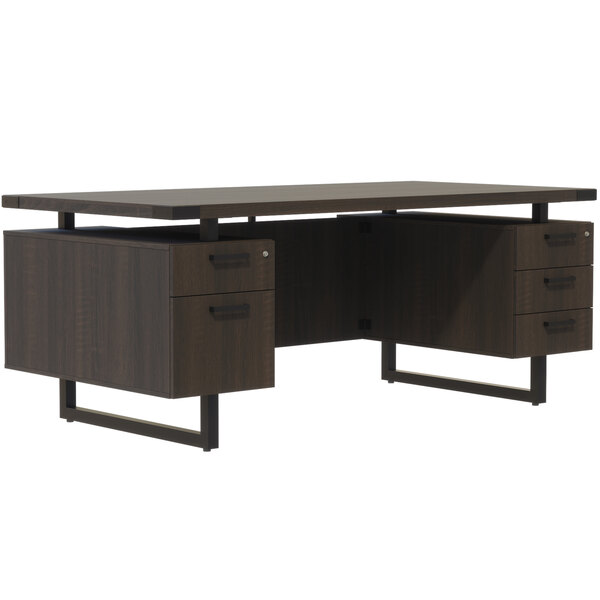 A Safco Mirella Southern Tobacco desk with drawers on it.