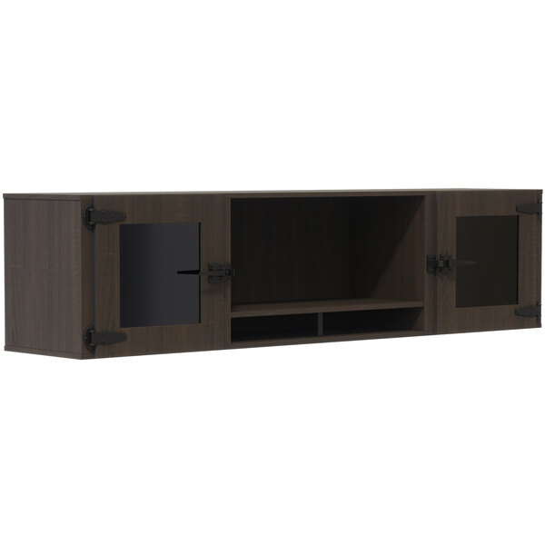 A brown wall-mounted cabinet with glass doors.