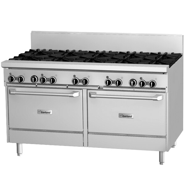 A large stainless steel Garland commercial gas range with 10 burners and 2 ovens.