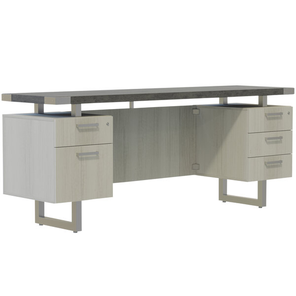 A Safco Mirella stone gray and white free-standing credenza with drawers.