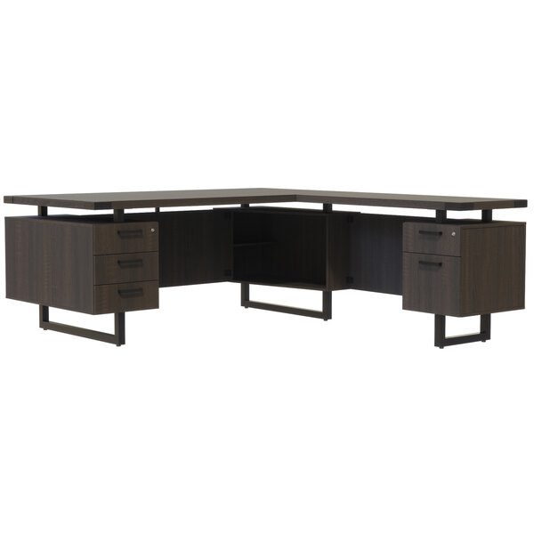 A Safco Mirella Southern Tobacco L-Shaped desk with drawers and a cabinet.