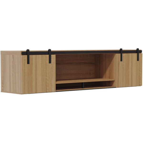 A Safco Mirella wall-mounted hutch with sliding wood doors over a wooden shelf.