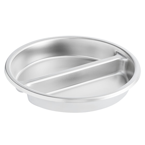 A stainless steel Vollrath round divided food pan in a silver bowl on a counter.