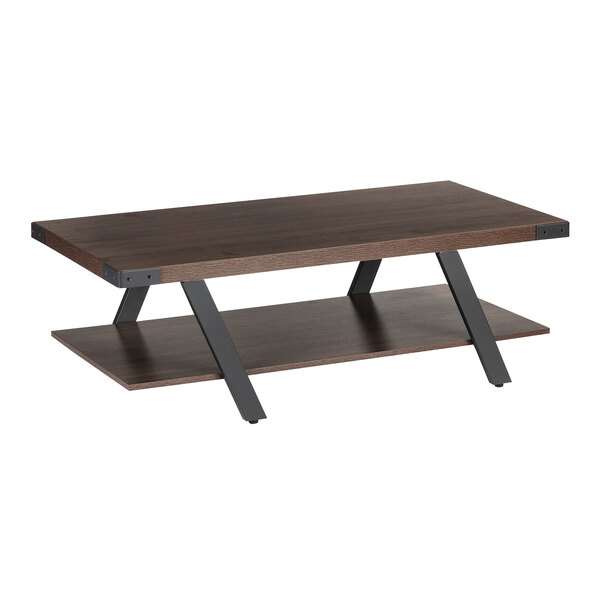 A Safco Mirella brown wood and metal coffee table with metal legs and a shelf.