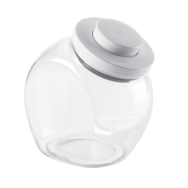 A clear SAN plastic OXO Good Grips food storage container with a white lid.