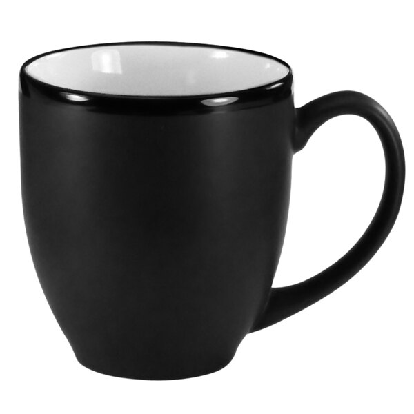 A black stoneware bistro cup with a white rim and handle.
