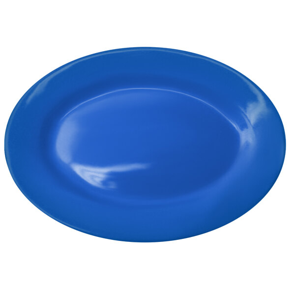 A light blue International Tableware stoneware platter with a wide rim.