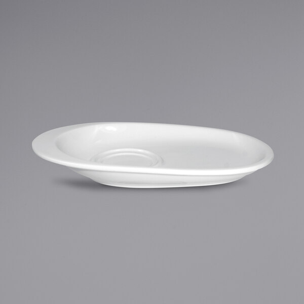 A bright white oval shaped Milano saucer with an offset edge.