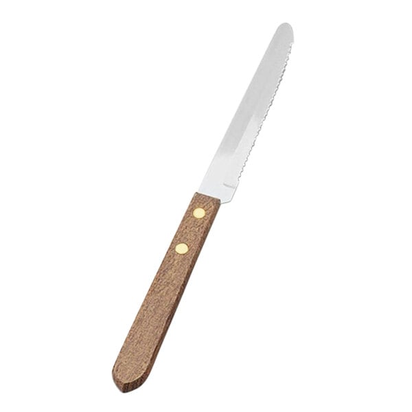 A Vollrath stainless steel steak knife with a wood handle.