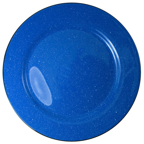 An ocean blue stoneware plate with speckles and a black rim.