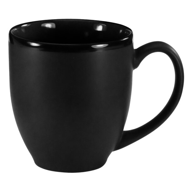 A black International Tableware Hilo stoneware bistro cup with a handle.