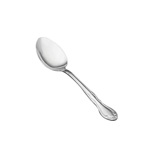 A close-up of a Vollrath stainless steel dessert spoon with a silver handle.