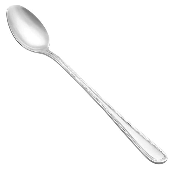 A close-up of a Vollrath stainless steel iced tea spoon with a brocade handle on a white background.