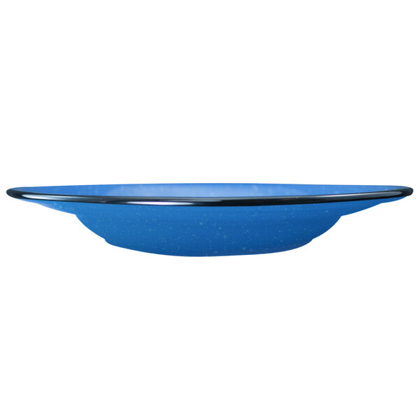 An International Tableware Campfire Ocean Blue stoneware bowl with a black rim.