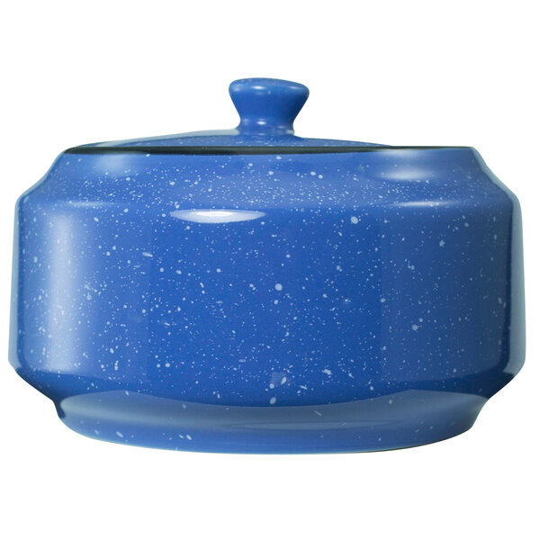 An ocean blue speckled ceramic sugar bowl with a lid.