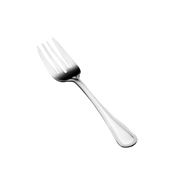 A close-up of a Vollrath stainless steel salad fork with a brocade pattern on the handle.