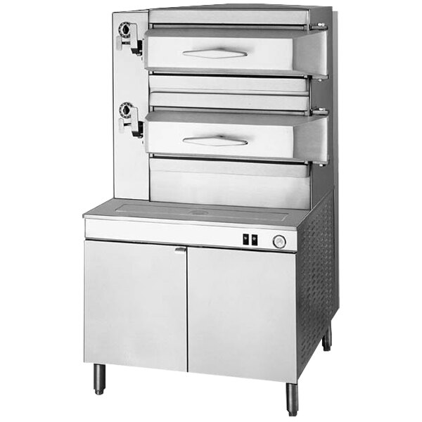 A large stainless steel Cleveland natural gas floor steamer with silver accents.