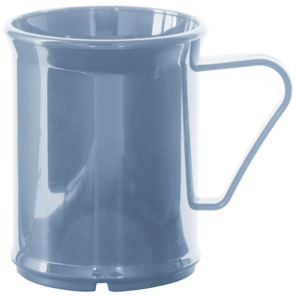 A close-up of a Cambro slate blue polycarbonate mug with a handle.