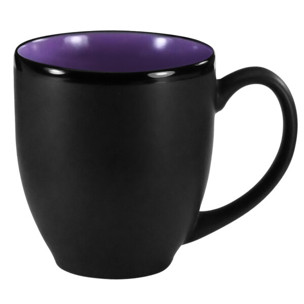 A black and purple International Tableware stoneware coffee mug with a handle.