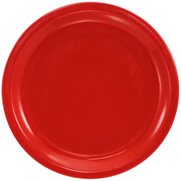 A red plate with a narrow white rim.