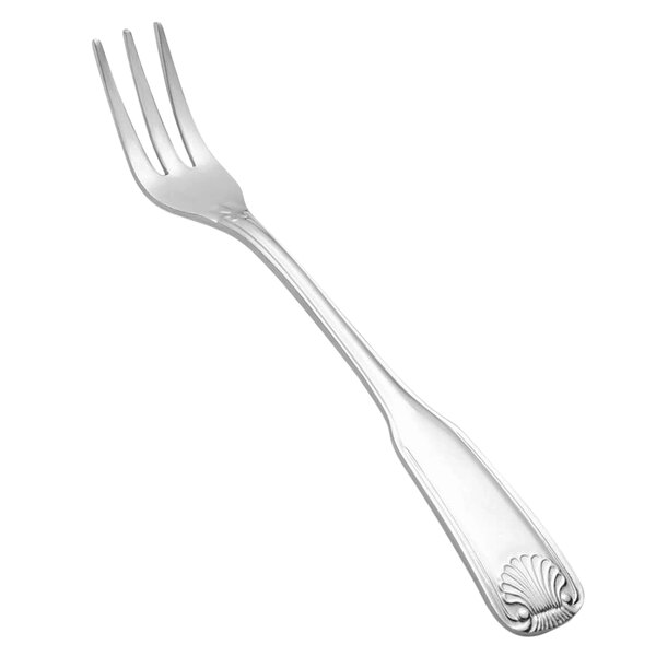 A Vollrath stainless steel cocktail fork with a design on the handle.