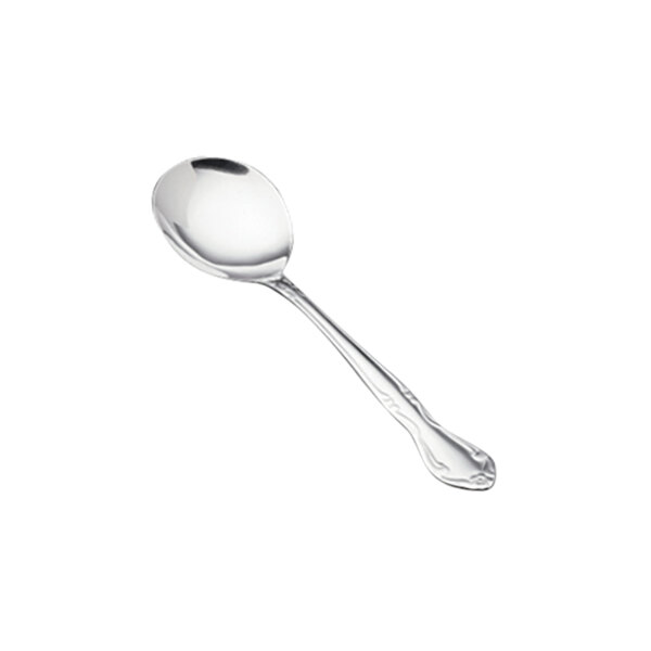 A close-up of a Vollrath stainless steel bouillon spoon with a white background.