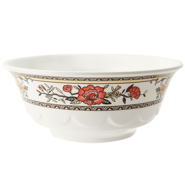 A white GET melamine bowl with a red floral design.