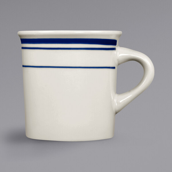 International Tableware Cantania 9 oz. Ivory (American White) Stoneware Canton Mug with Blue Bands - 36/Case