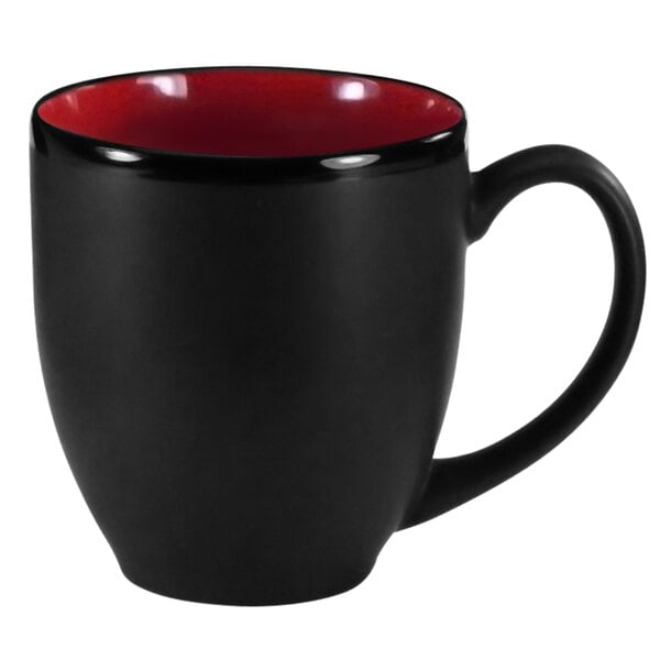 A black and red stoneware bistro cup with a red rim.