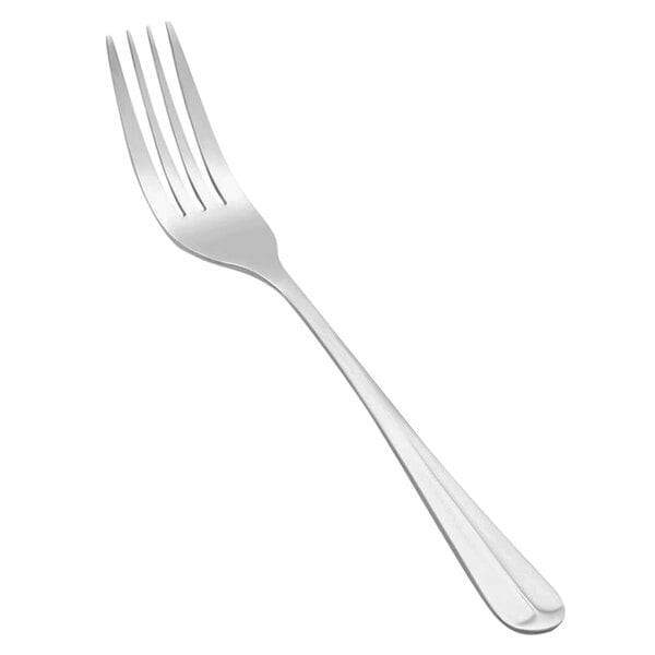 A silver Vollrath Queen Anne dinner fork with a white background.