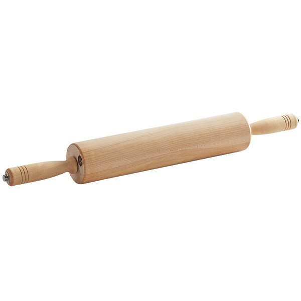 An American Metalcraft wooden rolling pin with handles.