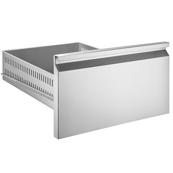 An Avantco stainless steel drawer with a handle open.