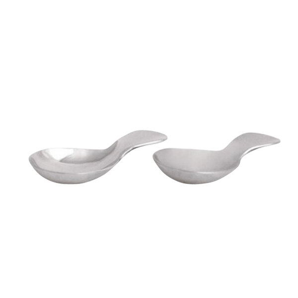 Two Front of the House stainless steel taster spoons with a brushed finish and extra heavy weight.